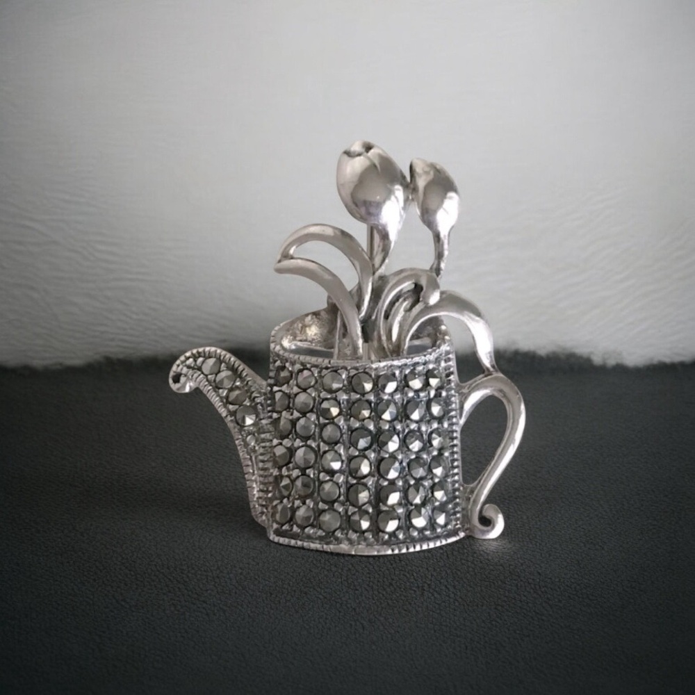 Vintage Watering Can Crystal Pin – Unique Floral Brooch
